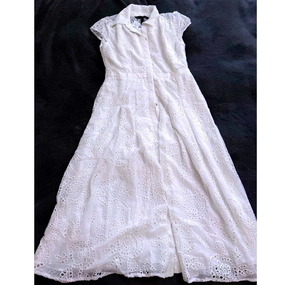 White House Black MarketWhite Eyelet Midi Shirtdress Women 4 NWT Embroidery $20 - Picture 5 of 7